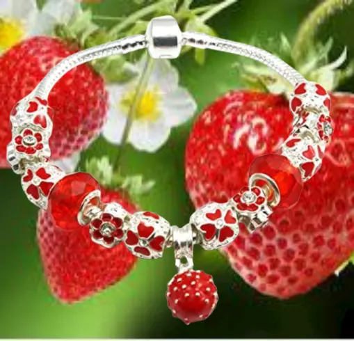 Bracelet - Trèfle Email Rouge avec Pendentif - Plaqué Argent Sterling 925/1000