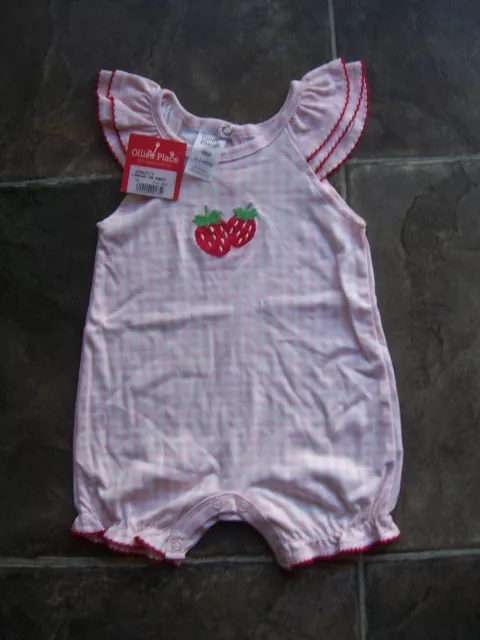 BNWT Baby Girl's Ollie's Place Pink & White Strawberries Cotton Knit Romper 000