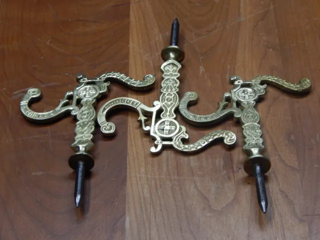 Antique Brass Tie Backs Hooks 3 Matching Ornate Screw Back L. 6 " w. 4 1/2" VGC.