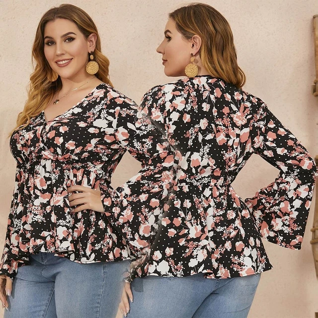 `Chemise femme imprimé floral manches longues trompette chemisier col en V haut
