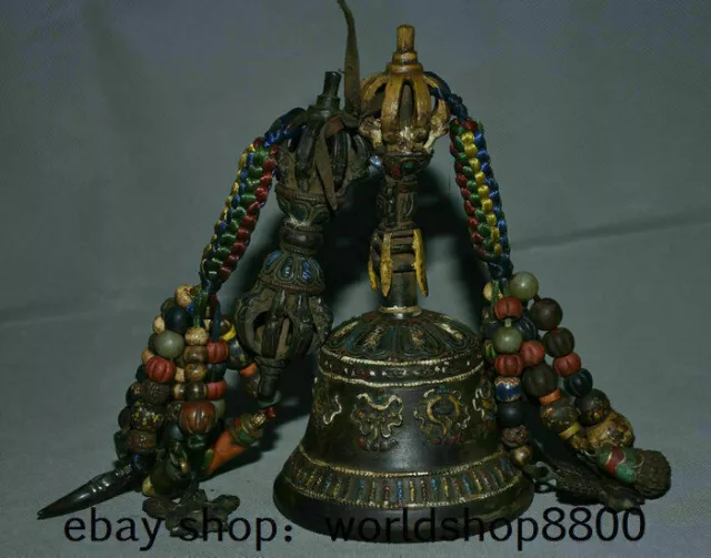 7" Tibet Bronze Painting Buddhism 8 Auspicious Symbol Dorje Vajra Bell & Holder