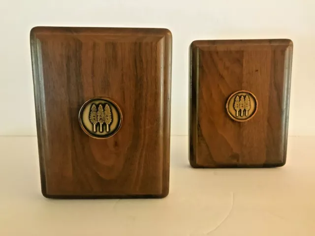 Vintage Walnut Bookends With Three Trees Brass Symbol