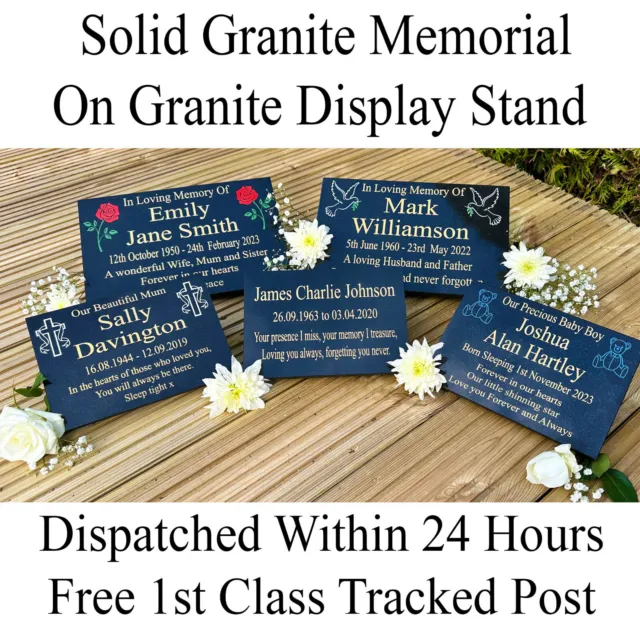 Personalised Engraved Granite Memorial Plaque Grave or Crem Marker Fixed Stand