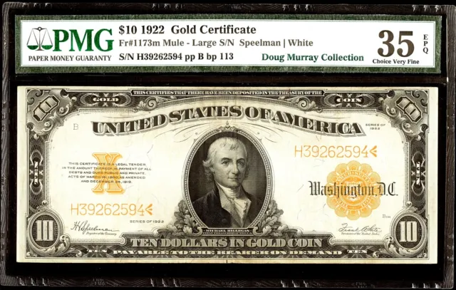 1922 Mule Gold Certificate $10 Fr. 1173m Large Serial # PMG VF35 EPQ Vibrant!