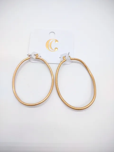 Charming Charlie Large Gold Tone Bent Oval Hoop Hinged Matte Pierced Earrings