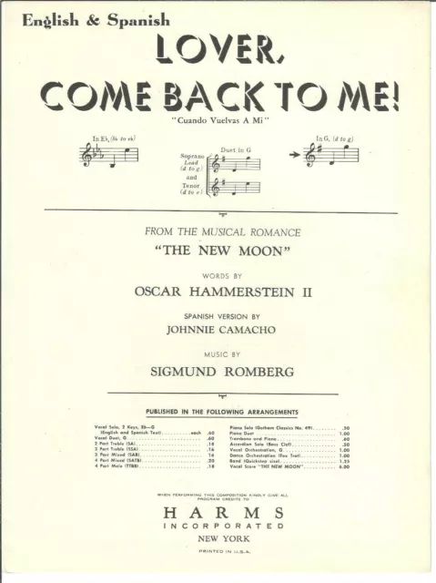 BROADWAY Sheet Music LOVER COME BACK TO ME / THE NEW MOON 1928 Piano Vocal