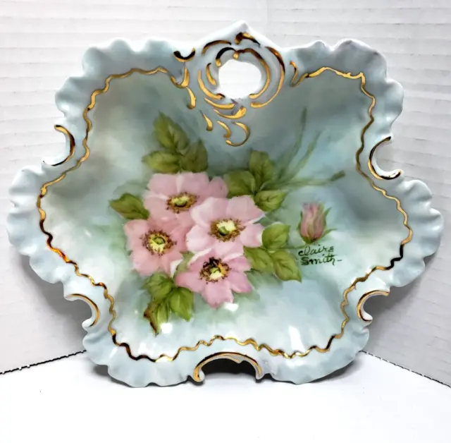 Antique Scalloped Edge Hand Painted Flowers Signed Porcelain Bowl 8.5"