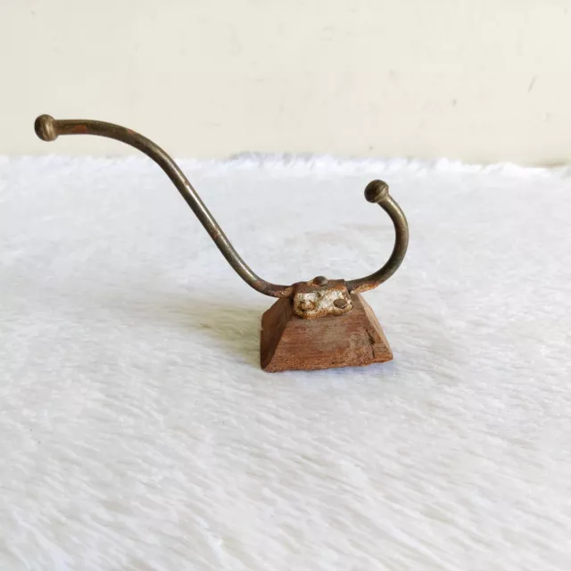 1920s Vintage Brass Wall Hooks Hanger Wooden Rich Patina Decorative I406