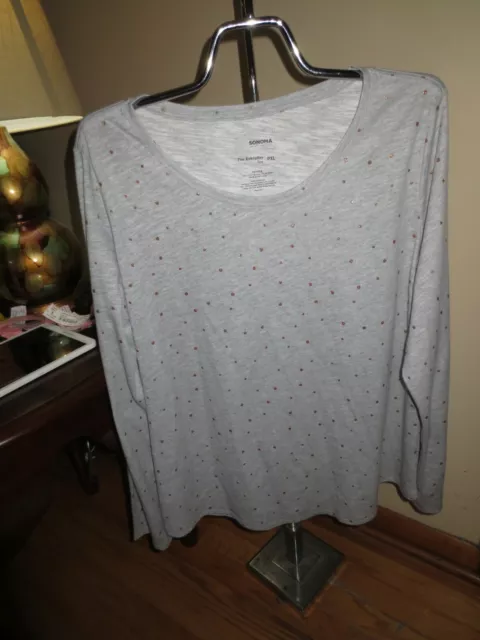 Women's Sonoma Gray Long Sleeve Everyday Tee Top W/Gold Dots Size PXL NWOT