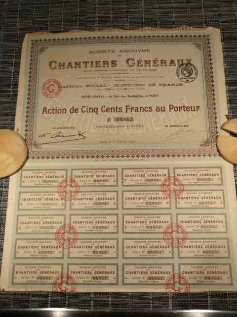 Société des Chantiers Généraux - Action de 500 francs au porteur