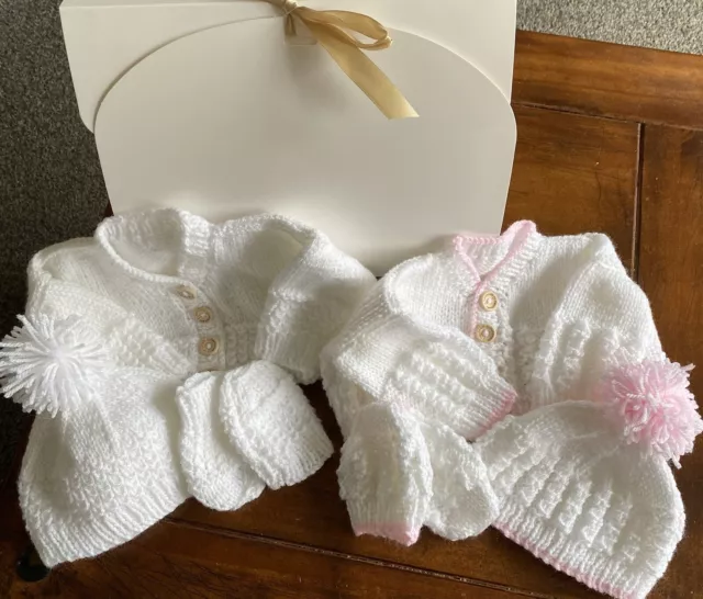 Hand Knitted By Me Baby 2 Cardigans, Beanie & Mitt Sets 0-3 Months