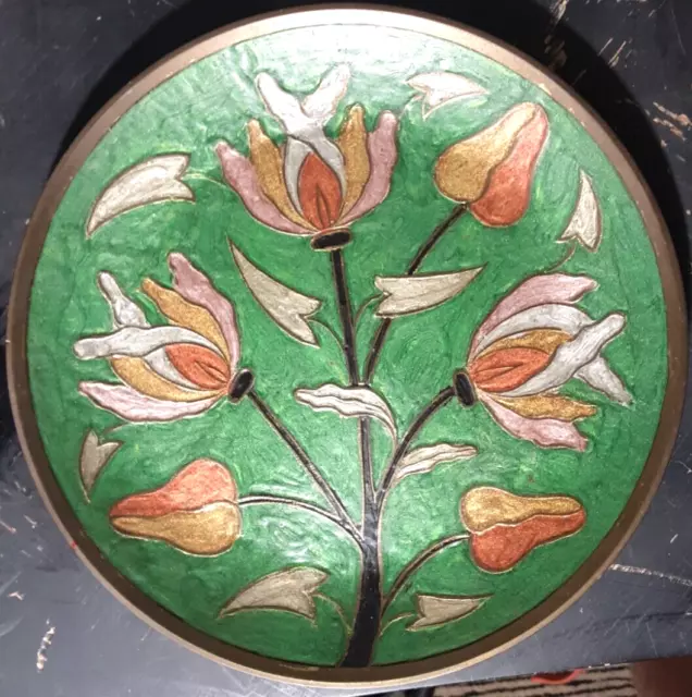 Vintage Green Enameled Brass Wall Hanging Plate Trinket Dish Flowers & Buds 9.5"