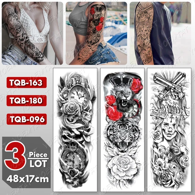 3pcs Full Arm Clock Rose Tiger Lion Gun Lady Waterproof Temporary Tattoo Sticker