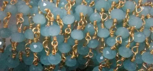 3-25 Feet Aqua Quartz Rondelle Faceted 3-4mm Beads, Rosary Chain Gold Wire