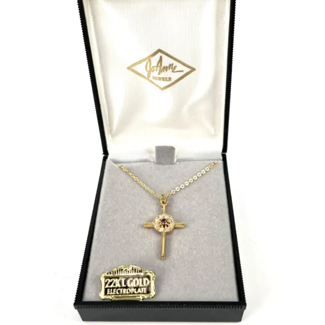 Vintage Goldtone Christian Cross Rhinestone Pendant Necklace in Original Box