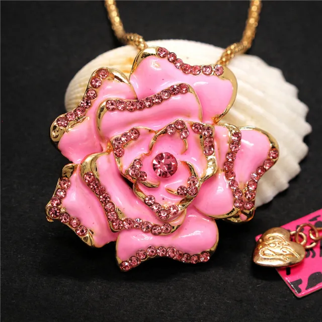 Pink Rhinestone Crystal Rose Flower Betsey Johnson Pendant Sweater Necklace