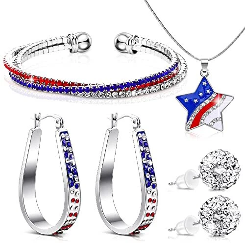 XunYee 4 Pcs Independence Day Earrings Bracelet Necklace Set 4th of July