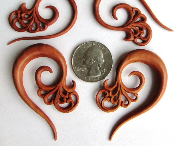 Pair Hand Carved Tribal Floral Sawo Wood Spiral Ear Expander Taper Plugs Gauges