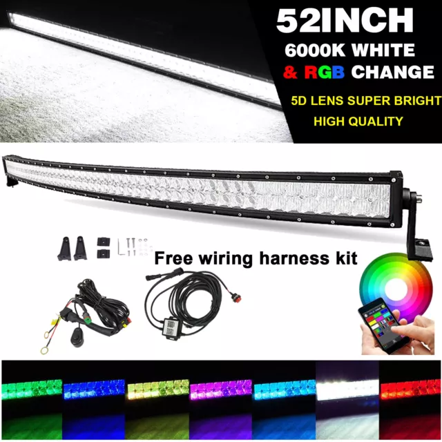 52 Inch RGBW LED Curved Light Bar 300W Offroad Fog Driving + free Wiring Harness