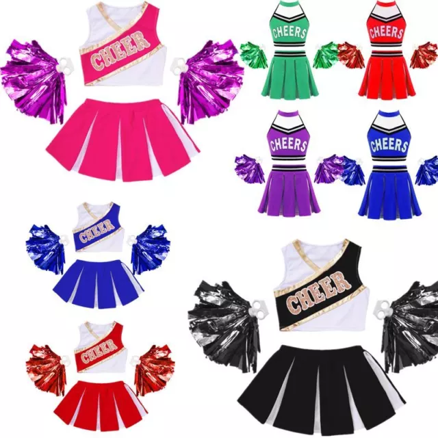 Kids Girls Cheer Leader Costume Halloween Cosplay Crop Top+Pleated Skirt Uniform