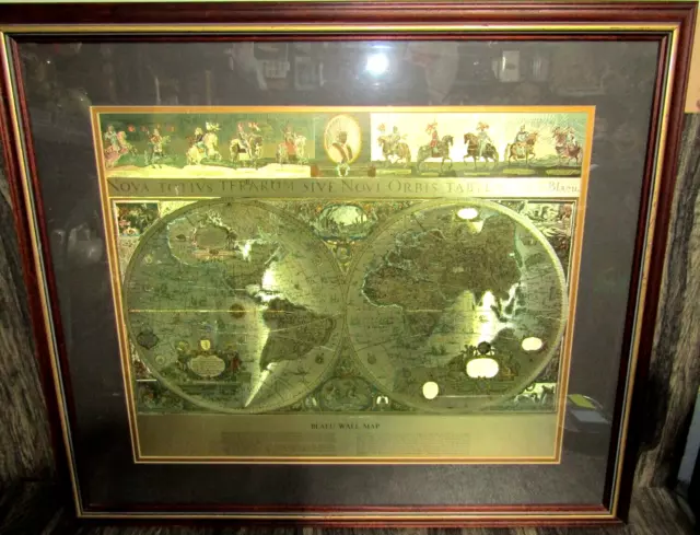 Vintage Gold Foiled Blaeu Piscator Wall Map of The New World-Matted & Framed