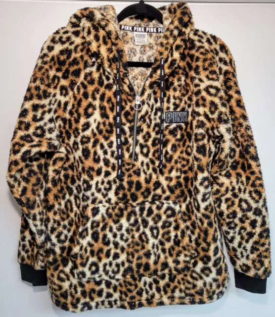 Victorias Secret Pink Womens 1/4 Zip Cheetah Leopard Print Hoodie Size S