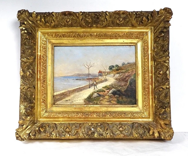 HSP 19th century Mediterranean Seafront Landscape Board France Italy Gold Frame