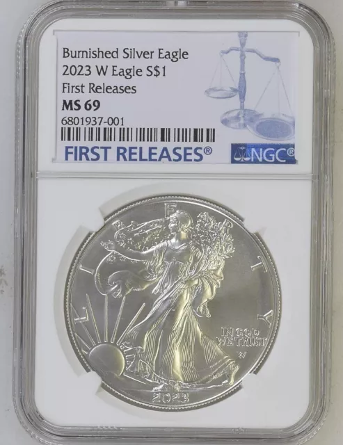 2023 W Burnished Silver American Eagle S$1 Ngc Ms69 First Releases Whit Coa Blue