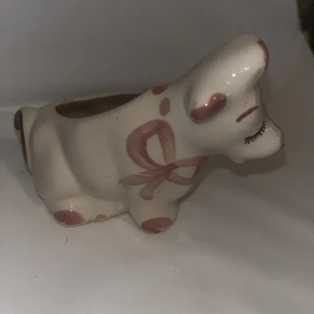 Vintage Hand Painted Ceramic Cow Creamer White With Pink 5” L x 4” T
