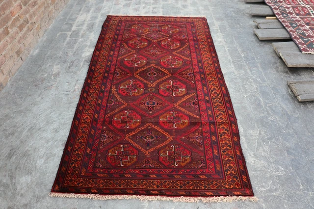 Tapis Baloutche Fait Main 194x103cm - Rouge Géométrique - Laine - Afghanistan