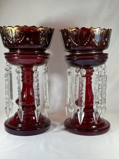 Pair of Antique Victorian Red Mantle Lusters w/ Crystal Prisms