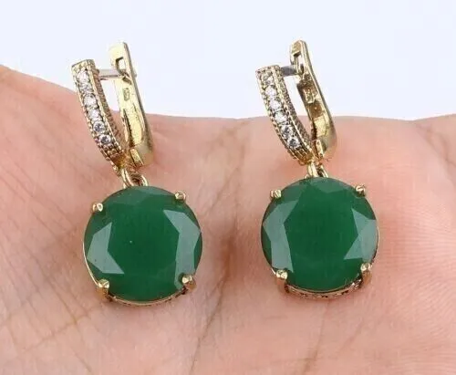 3Ct Round Natural Emerald & Diamond Drop Dangle Women's Earrings 14k Yellow Gold