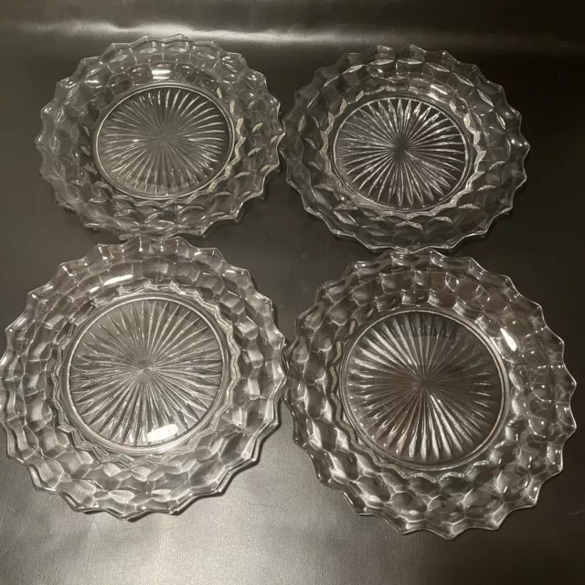 Vtg Fostoria American Pattern Clear Cubist Style 9 5/8” Glass Dinner Plates (4)