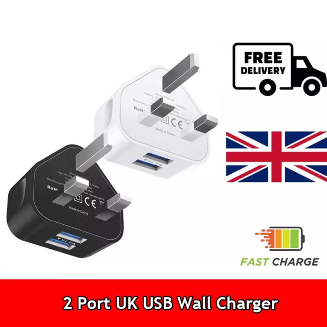 2 Port UK USB Wall Charger 3 Pin Plug Mains Adapter For Phones Controllers 5V 1A