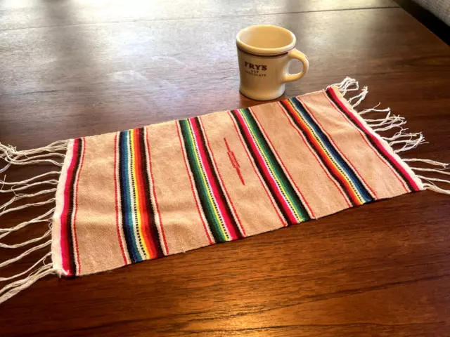 Vintage Saltillo Serape Mexican Table Runner Rug Small Hand woven Fringe 15"x8"