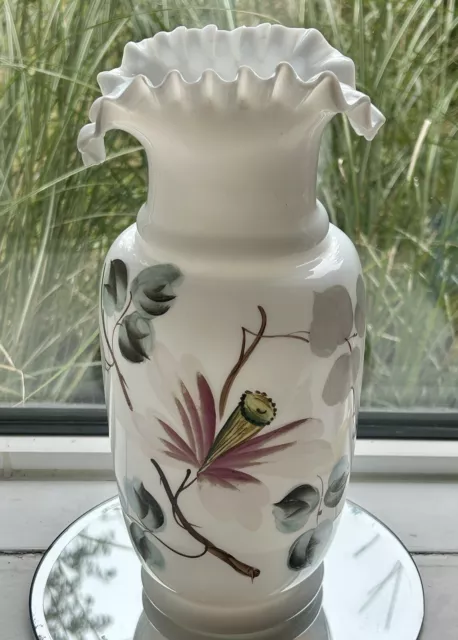 Opal Milk Glass Hand Blown, Hand Painted Floral, Glass Vase, Ruffled Top 27.5cm