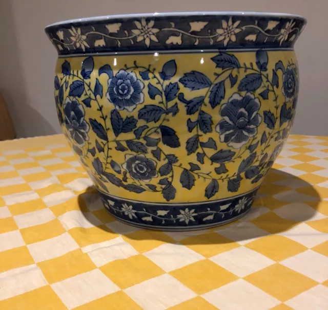 Blue and yellow ceramic planter floral design from India Jane