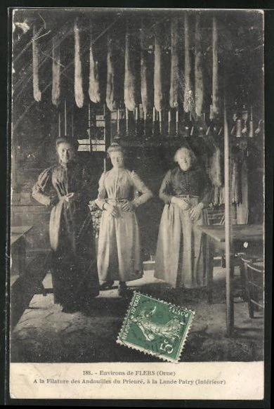 CPA Flers, A la Filature des Andouilles du Prieure, a la Lande Patry 1909