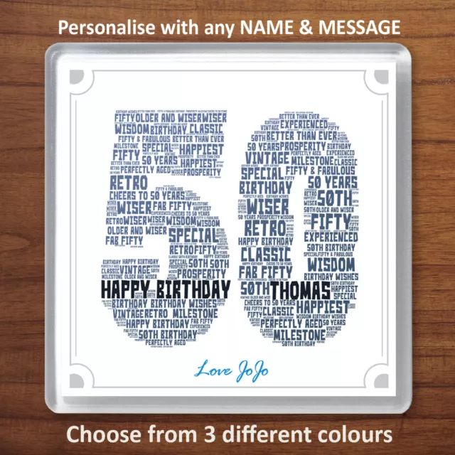 50th Birthday Personalised Word Art Drinks Coaster Gift Present 50 Fifty