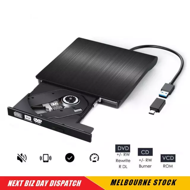 Type C USB 3.0 Slim External DVD RW CD Writer Drive Burner Reader Player