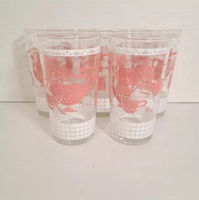 Set Of 5 Vintage Pink White Hostess Kitchen Drinking Glass Tumblers MCM