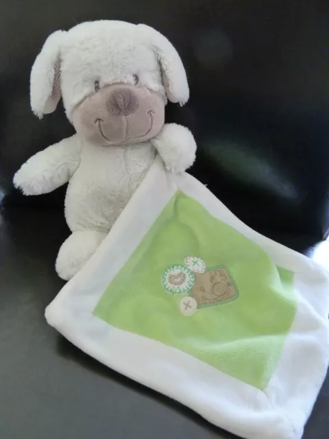 Q4. DOUDOU PELUCHE NICOTOY CHIEN BLANC beige MOUCHOIR VERT ETAT NEUF*