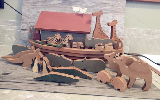 Vintage Handcrafted Folk Art Noah's Ark Wooden Boat Animals Primative Homespun