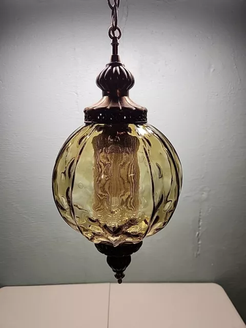 Vintage Hanging Amber Glass Globe Light Ribbed MCM Hanging Chain