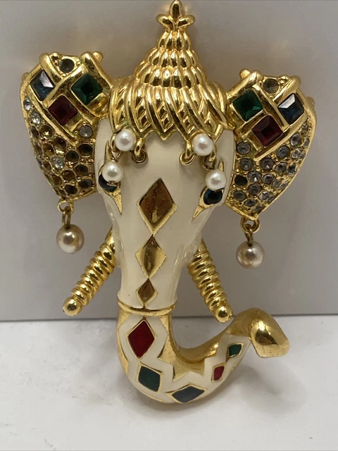 Vintage Kenneth Jay Lane KJL Enamel Emerald Glass Royal Elephant Pin Vintage Kenneth Jay Lane KJL Enamel Emerald Glass Royal Elephant Pin