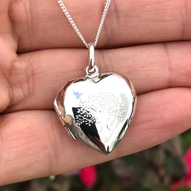 925 Sterling Silver Heart Shaped Tree of Life Photo Locket Pendant Necklace