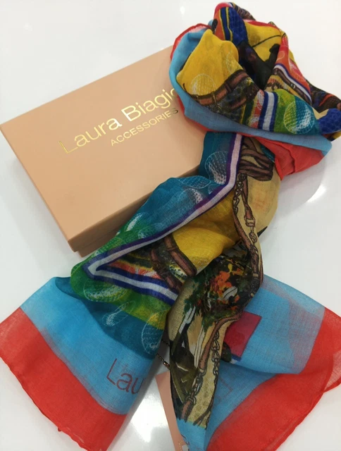 Foulard En Soie Vintage LAURA BIAGIOTTI – Couleurs Violet & Orange, 56x57 Cm