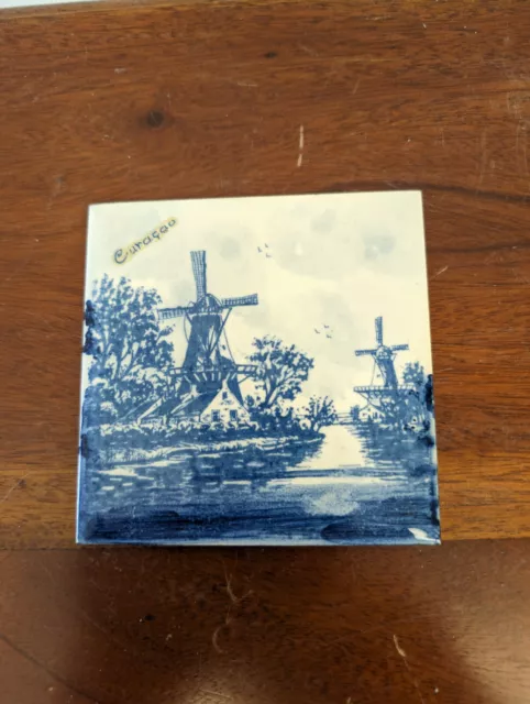 Blue Delft Ceramic Tile 4.25” Square Hand Painted Windmill Decor Vintage Tile