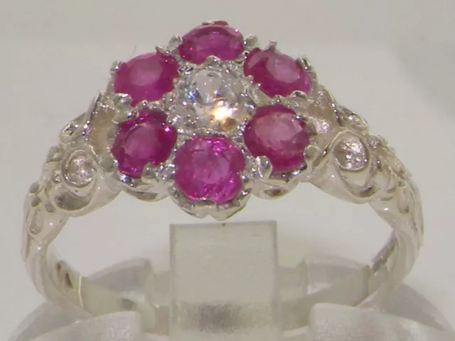 Victorian English Solid 925 Sterling Silver Natural Ruby & Diamond Daisy Ring