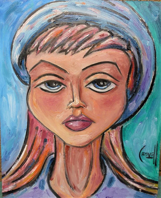 ALICE WOMAN CAP big eyes oil painting Wood original art 8x10 signed